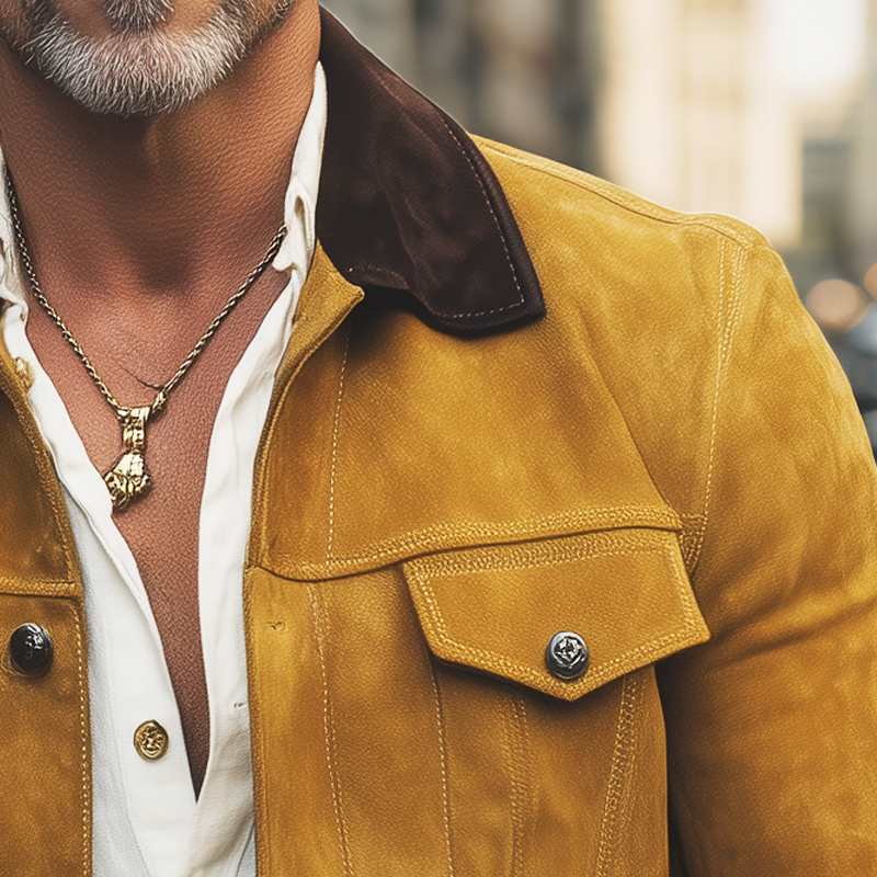 Men's Vintage Colorblock Collar Button Suede Jacket MTA2224H5U