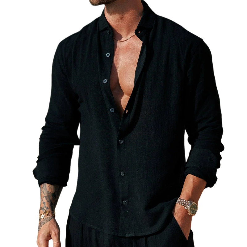 Men's Solid Color Cotton And Linen Lapel Long-sleeved Shirt MTA2982H3X