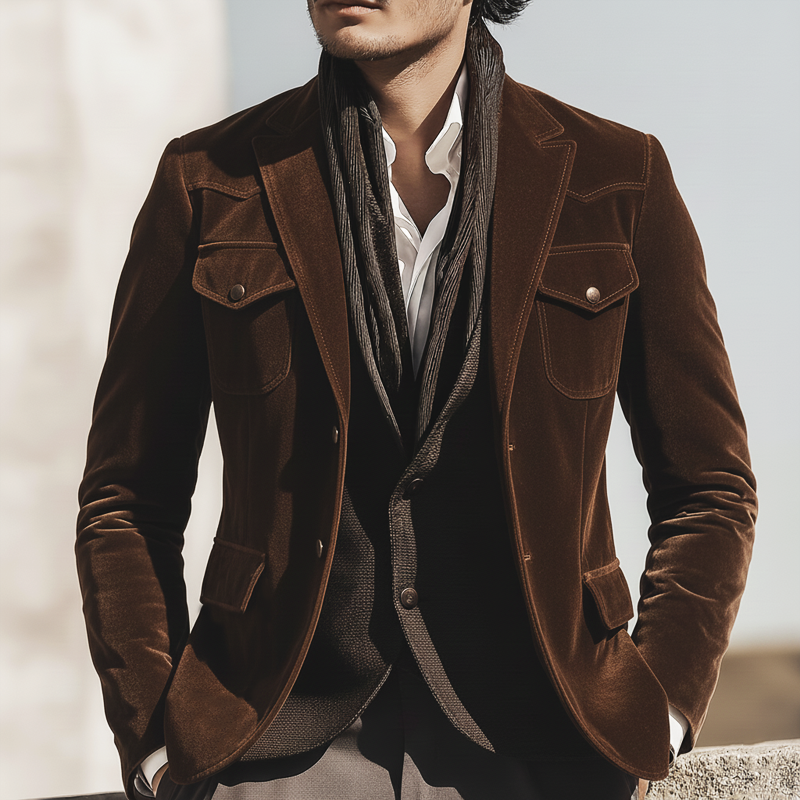 Men's Classic Brown Velvet Two-button Slim-fit Jacket MTA2825K9U