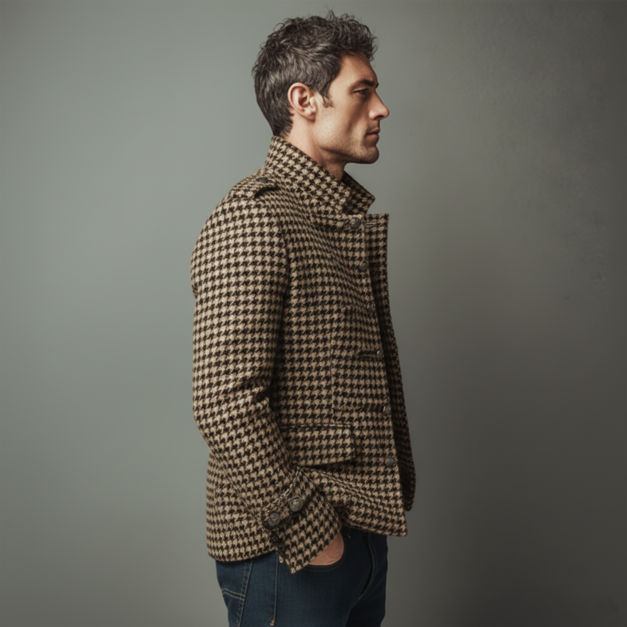 Men's Classic Retro Stand Collar Houndstooth Wool Single-breasted Slim-fit Jacket MTA1726I1K