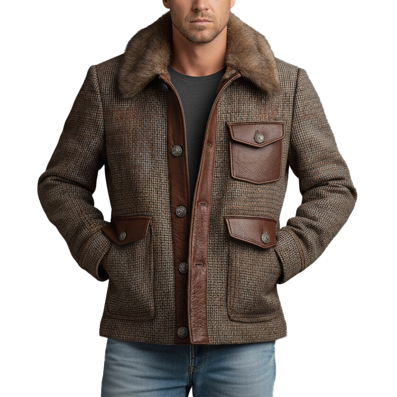 Men's Winter Retro PU Patch Faux Wool Warm Jacket MTA2328J9P