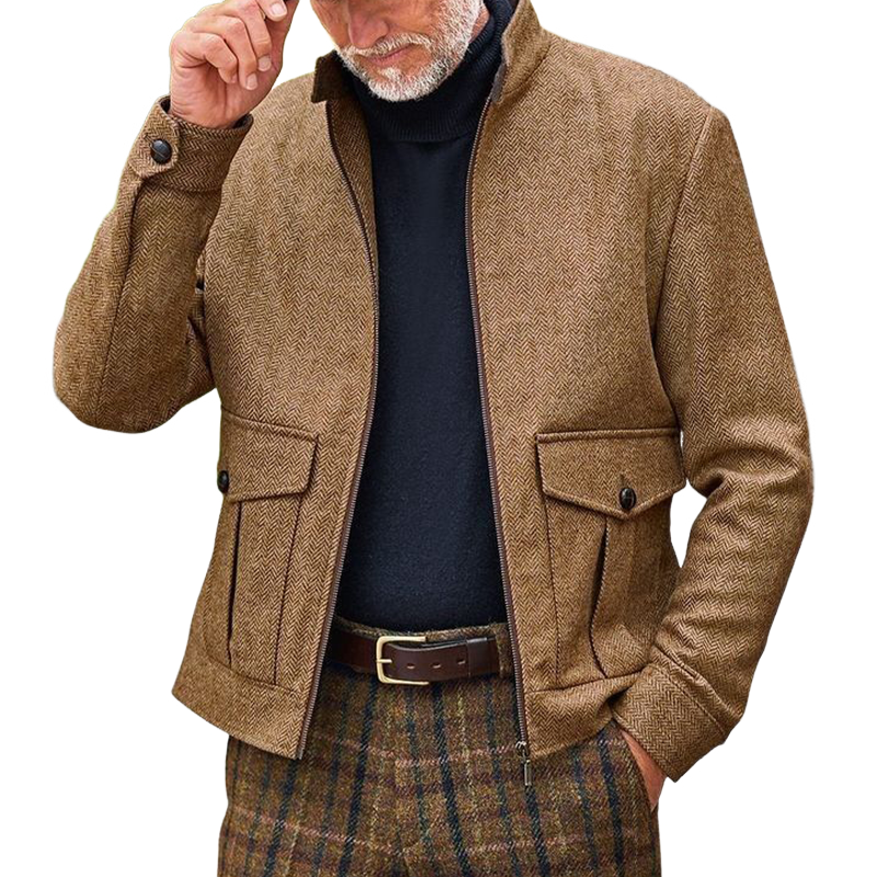 Men's Retro Stand Collar Herringbone Blend Zipper Jacket MTA0437L8X