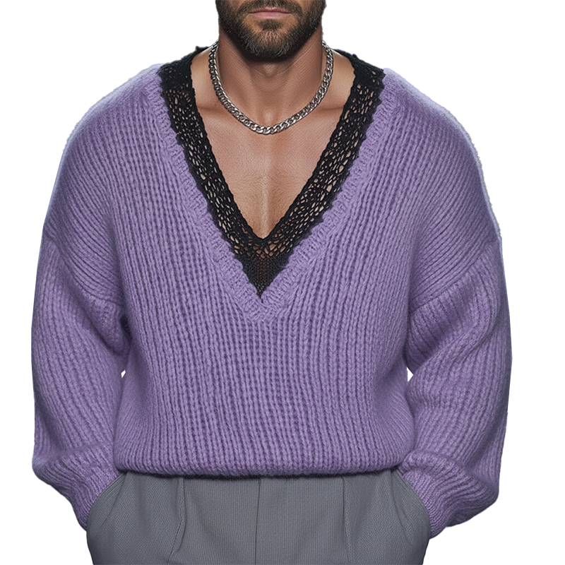 Men's Retro Cotton Yarn Knitted Lace V-Neck Sweater MTA1153L8P