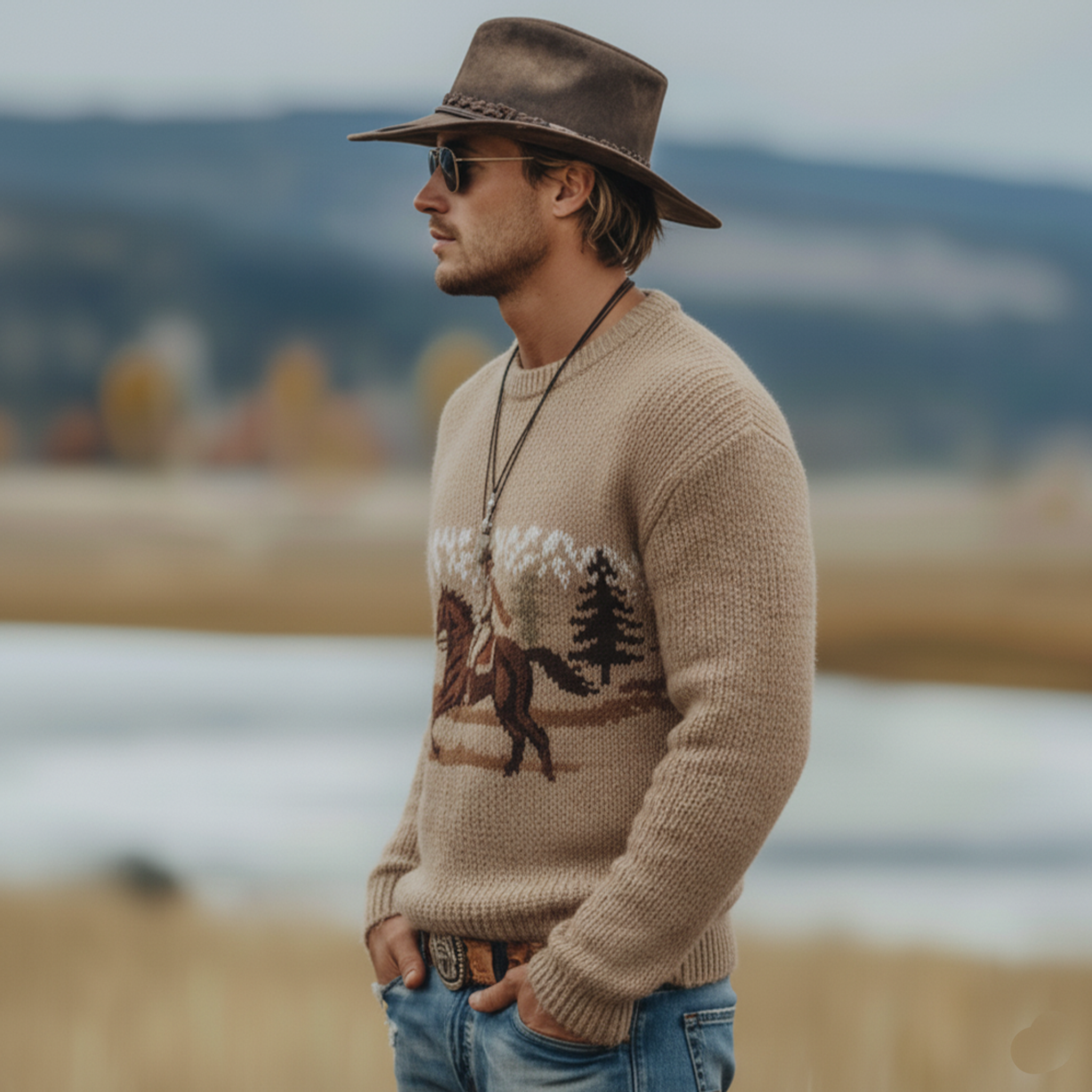 Men's Classic Retro Western Style Jacquard Crew Neck Sweater MTA3029K0K