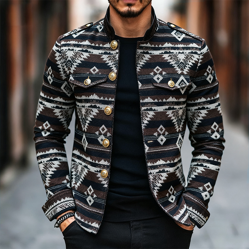 Men's Retro Casual Ethnic Style Geometric Stitching Stand Collar Jacket MTA1708J8TO