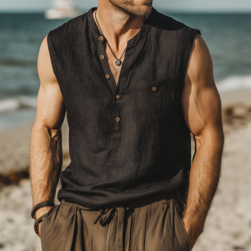 Men's Casual Breathable Cotton Linen Button Stand Collar Patch Pocket Loose Sleeveless Shirt MTA2659F5M