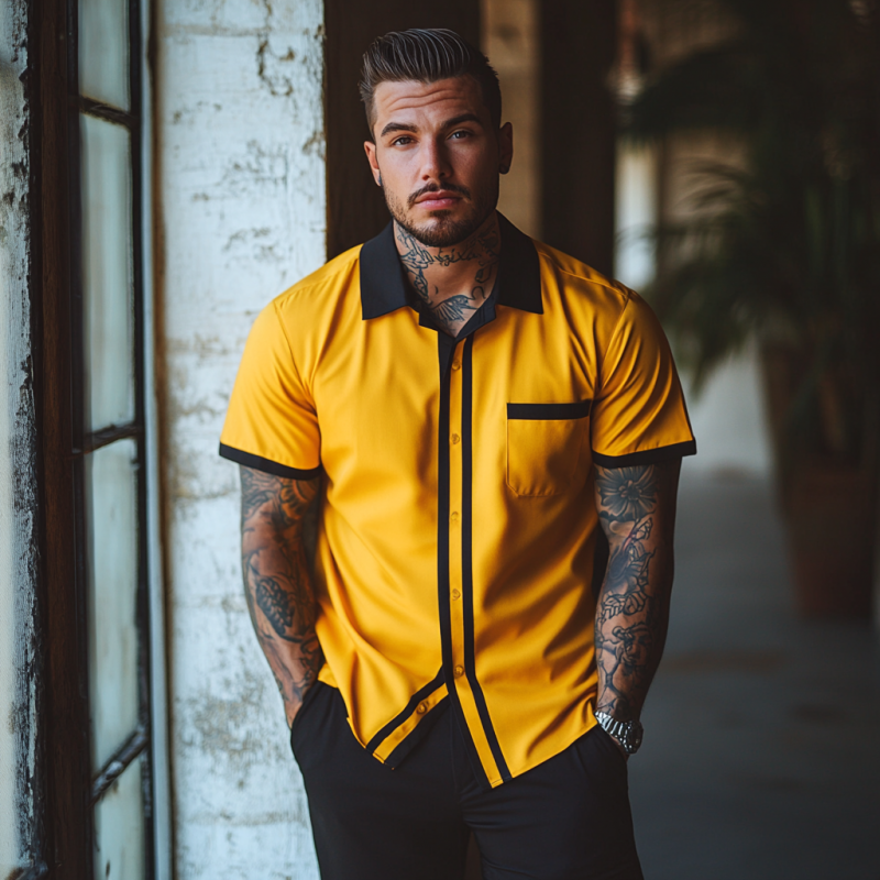 Men's Fashion Chiffon Colorblock Lapel Patch Pocket Loose Short-sleeved Shirt MTA2797E2M