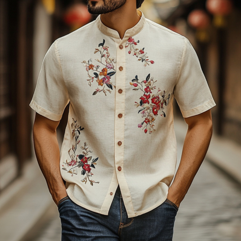Men's Vintage Flower Embroidery Breathable Linen Stand Collar Slim Fit Short Sleeve Shirt MTA1625F6M