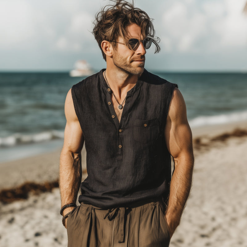 Men's Casual Breathable Cotton Linen Button Stand Collar Patch Pocket Loose Sleeveless Shirt MTA2659F5M