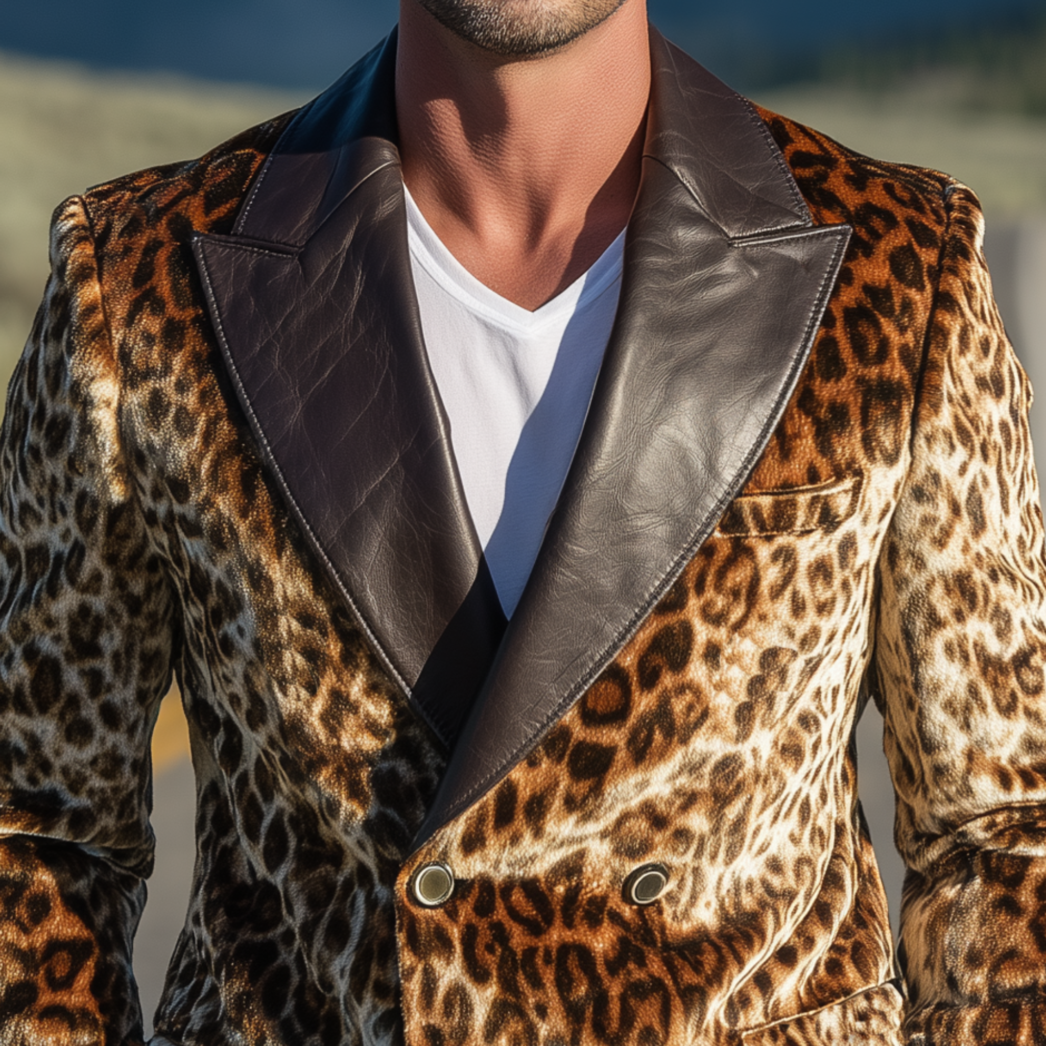 Men's Classic Retro Pu Leather Collar Leopard Velvet Double-breasted Blazer MTA0334I0K