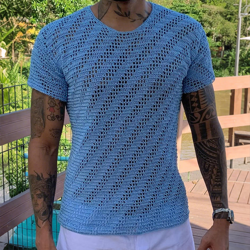 Men's Retro Casual Solid Color Knitted Round Neck Short Sleeve T-Shirt MTA2085E8TO