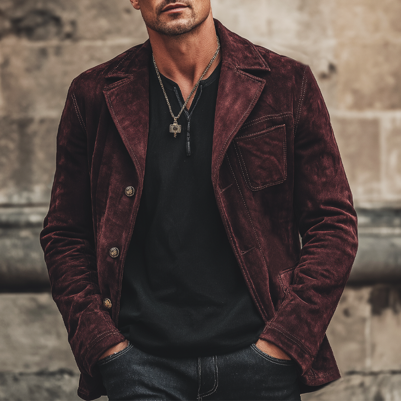 Men's Classic Dark Red Button Suede Jacket MTA0829K2U