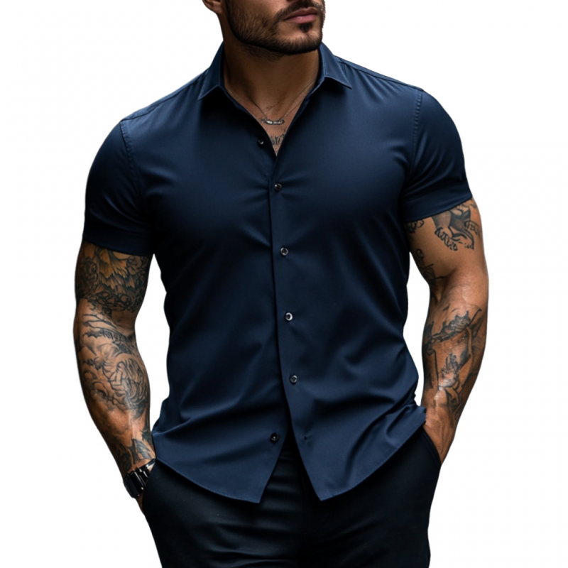 Men's Casual Soft Breathable Cotton Lapel Slim Fit Short Sleeve Shirt MTA2758E1M