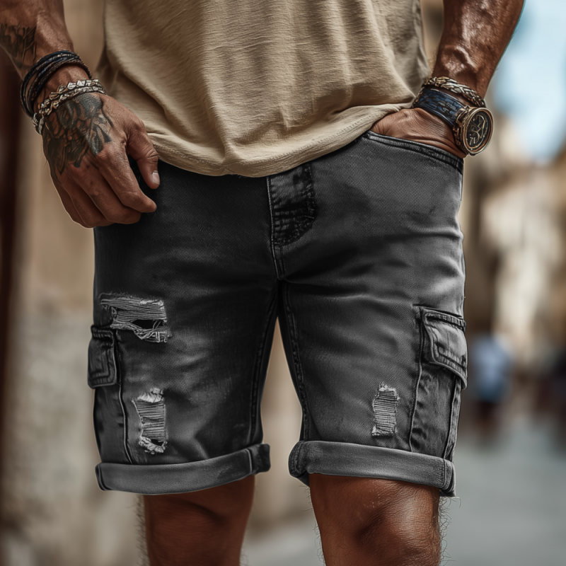 Men's Casual Outdoor Denim Washed Ripped Multi-pocket Slim Shorts MTA2421F1M