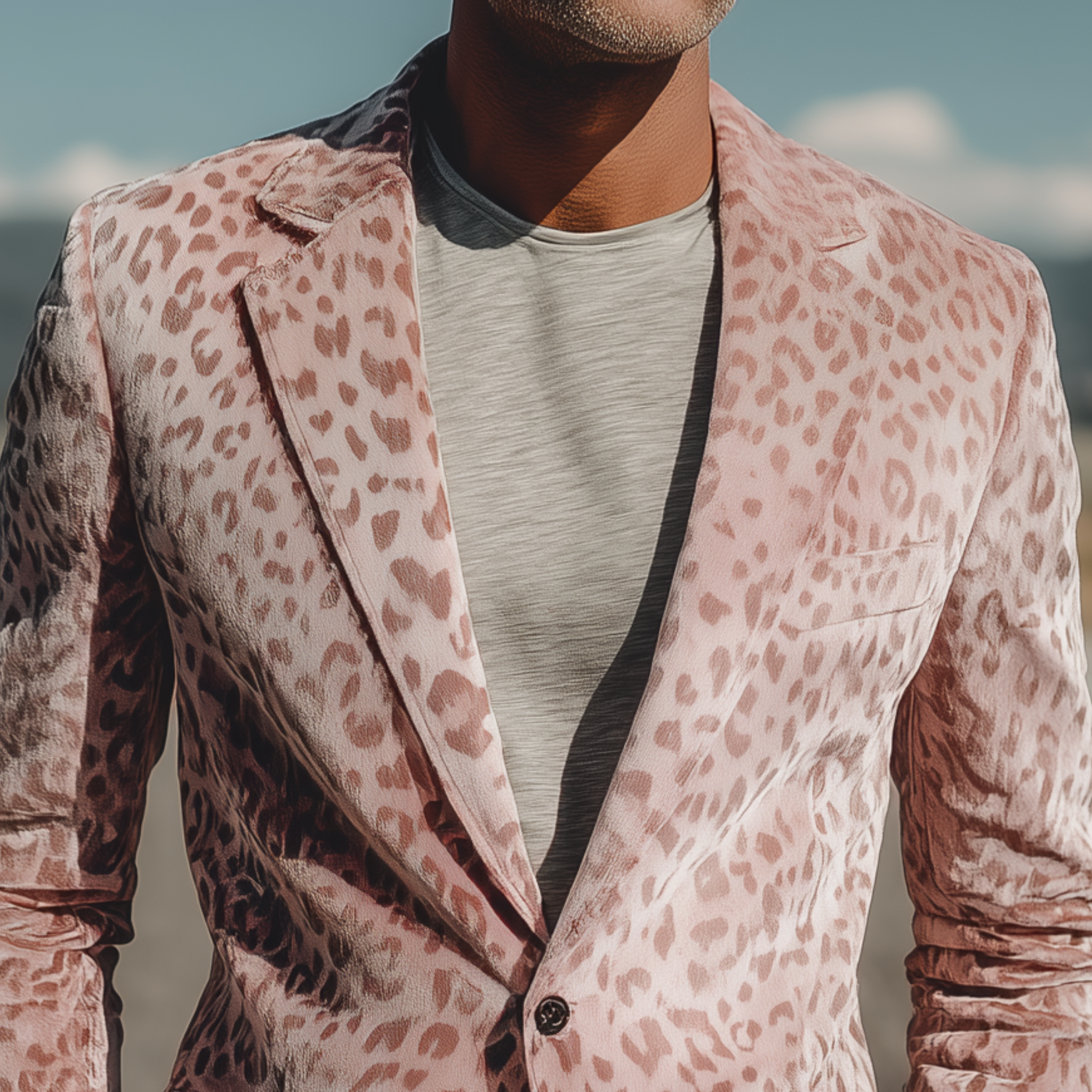 Men's Stylish Casual Pink Leopard Suede Single-breasted Slim-fit Blazer MTA1316H1K