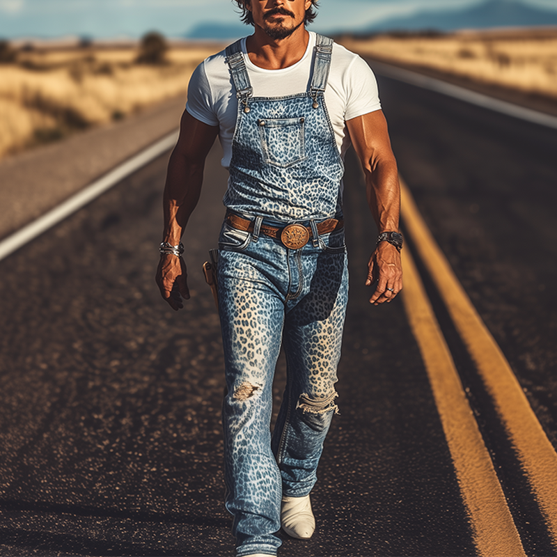Men's Spring And Summer Fashion Personality Retro Western Cowboy Style Washed Denim Leopard Print Knee Hole Overalls (without Belt) MTA1366E3K