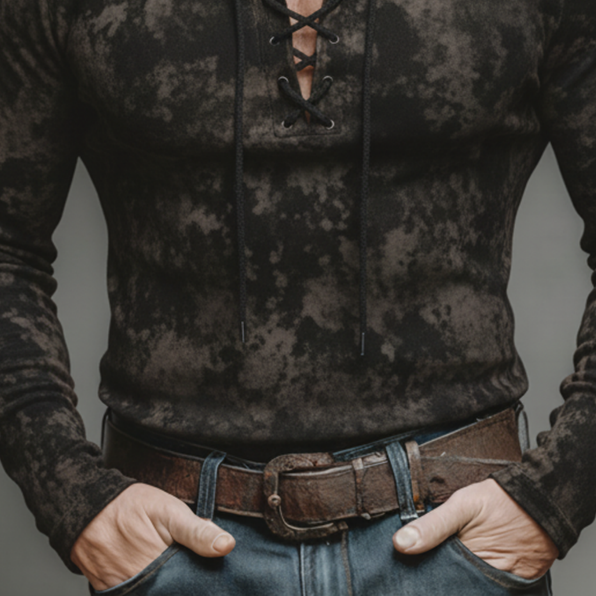 Men's Classic Casual V-Neck Tie-Waist Printed Faux Suede Slim Fit Long-Sleeve T-Shirt MTA2576K5K