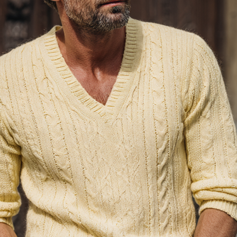 Men's Solid Color Knitted Cable Knit V-neck Pullover Sweater MTA1362H2X