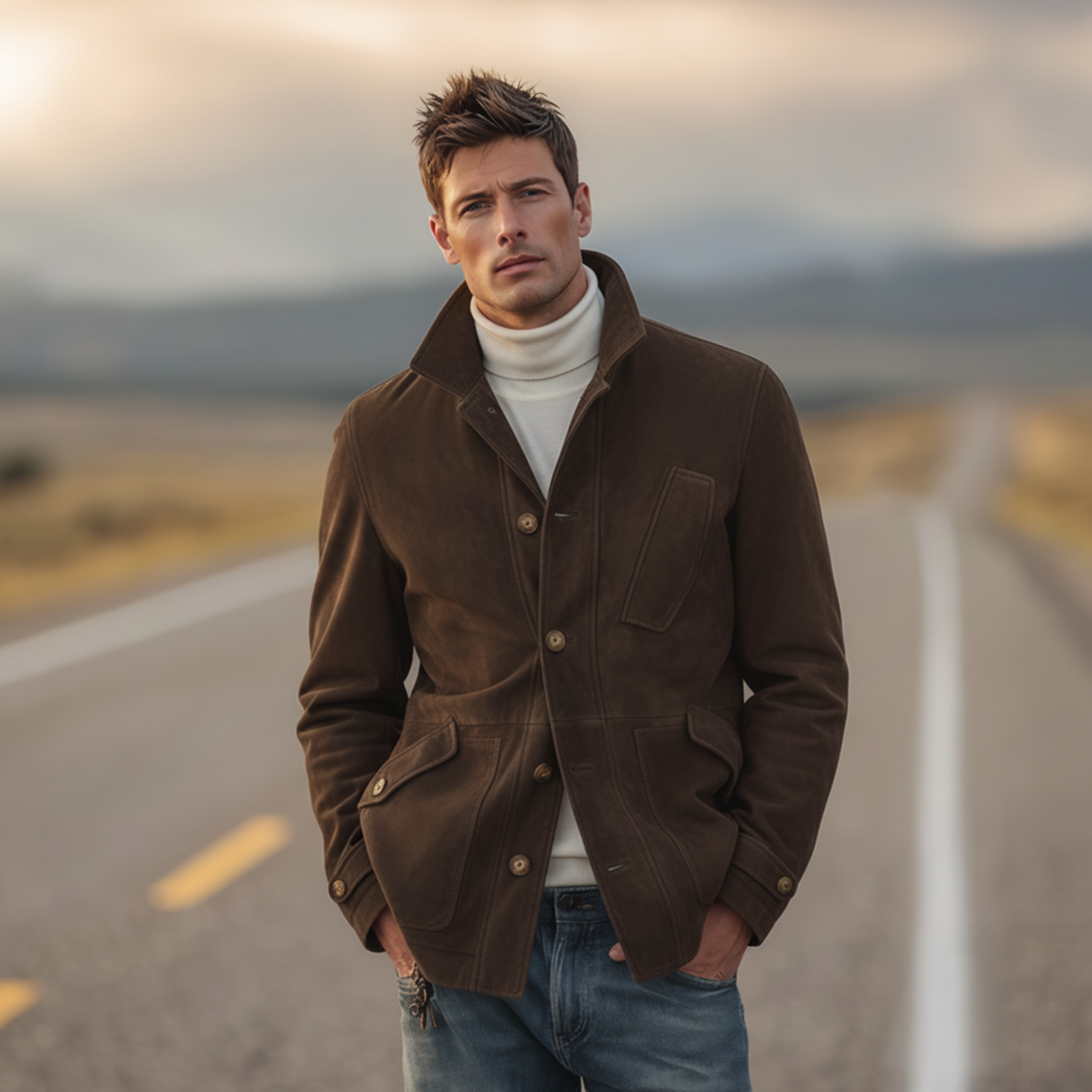 Men's Classic Retro Stand-up Collar Faux Suede Jacket MTA0132K1K