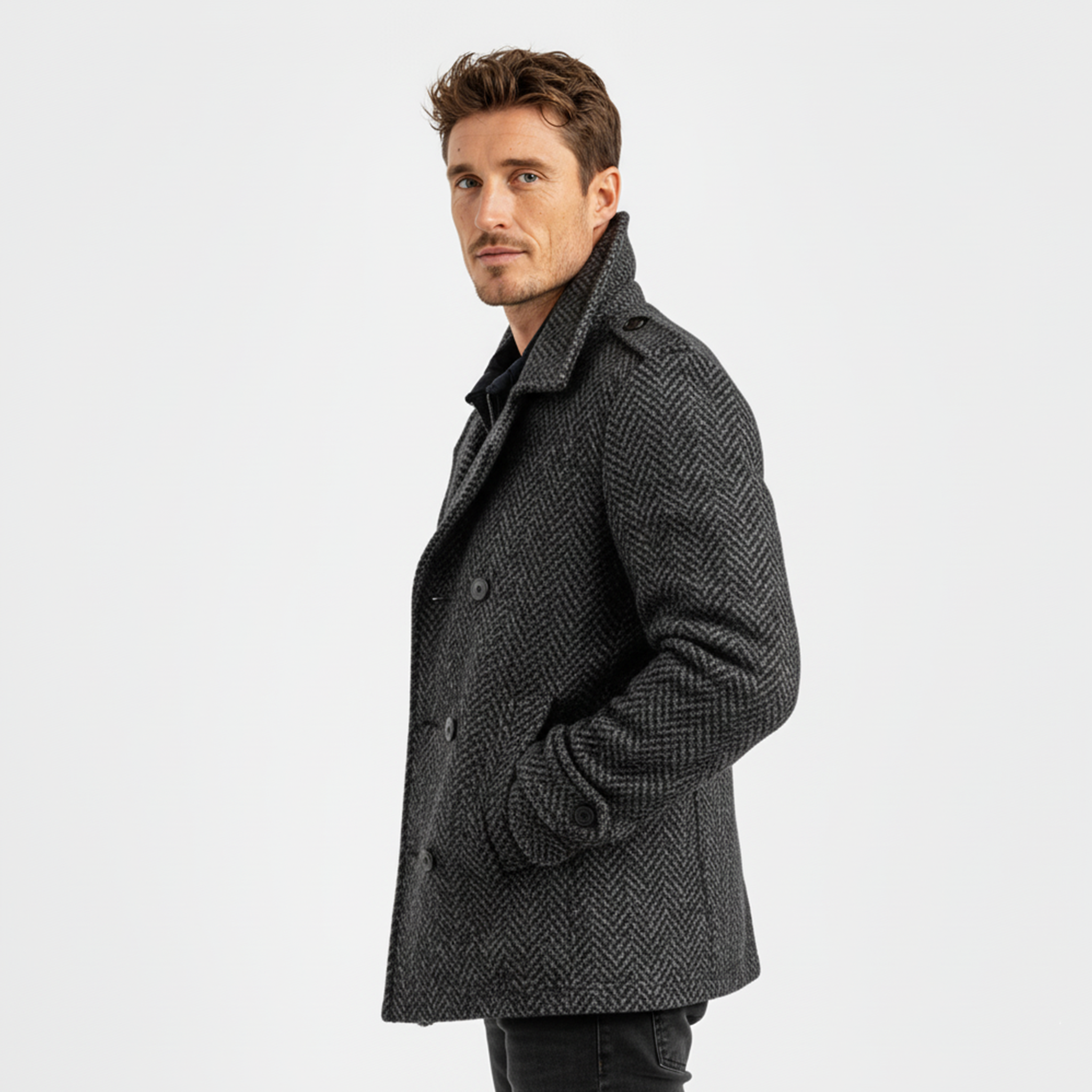 Men's Classic Light Business Lapel Double-breasted Faux Herringbone Wool Coat MTA3060I6K