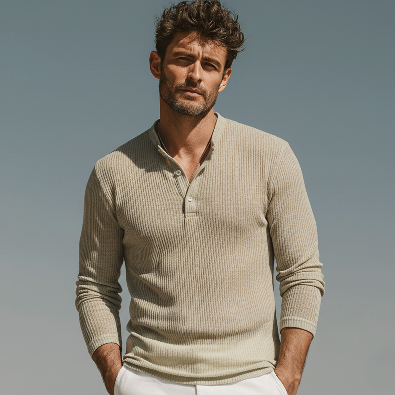 Men's Classic Three-button Henley Neck High-stretch Knitted Long-sleeved T-shirt MTZ0904B3U