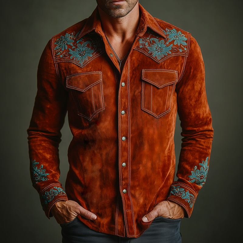 Men's Retro Casual Faux Suede Embroidered Lapel Long-Sleeve Shirt MTA2944J9TO
