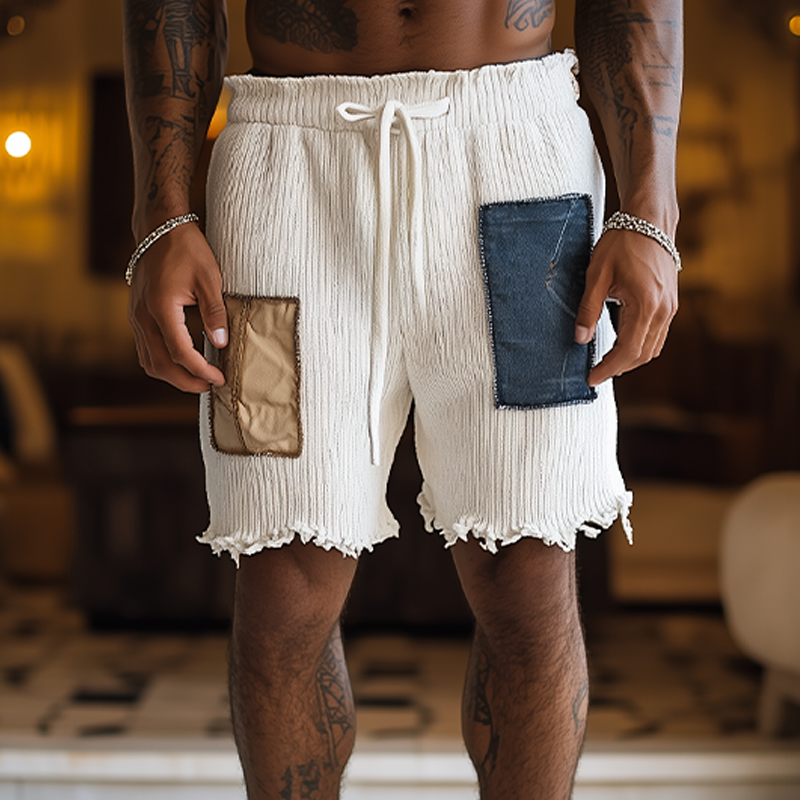 Men's Spring And Summer Fashion Casual Denim Patchwork Trousers Raw Edge Knitted Shorts MTA2007F7K