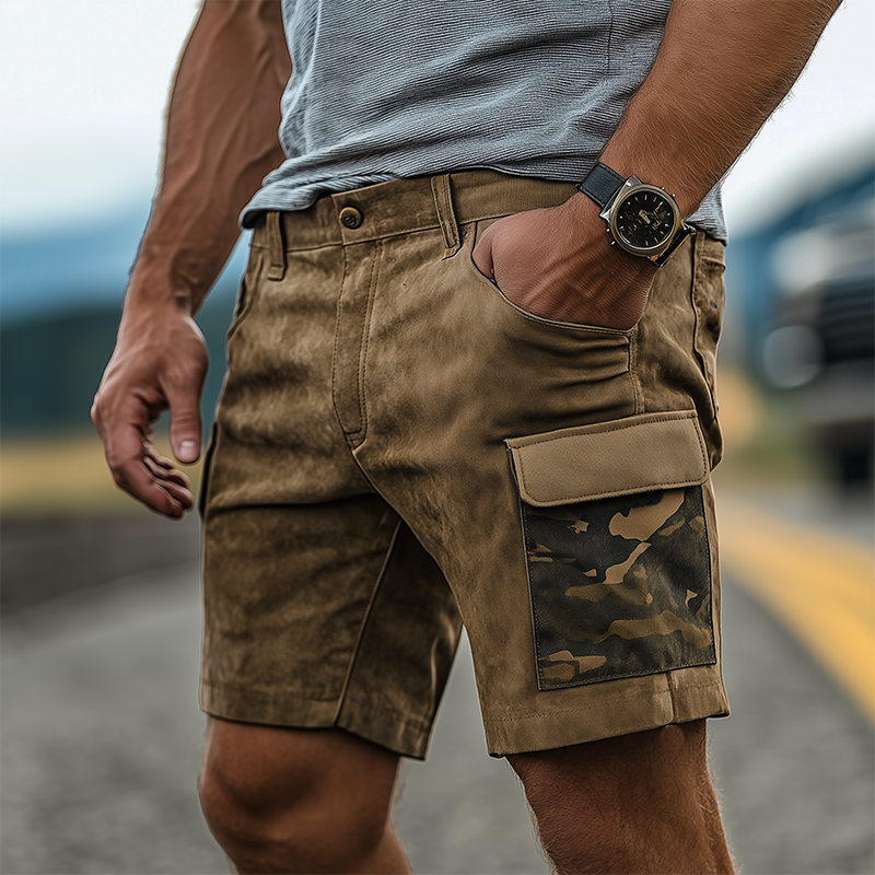 Men's Summer Fashion Casual American Western Tough Guy Style Camouflage Suede Work Shorts MTA0635F9K