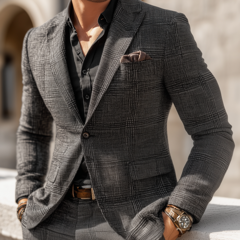 Men's Vintage Cotton Blend Plaid Peak Lapel Single-Breasted Slim-Fit Blazer MTA1917H3M