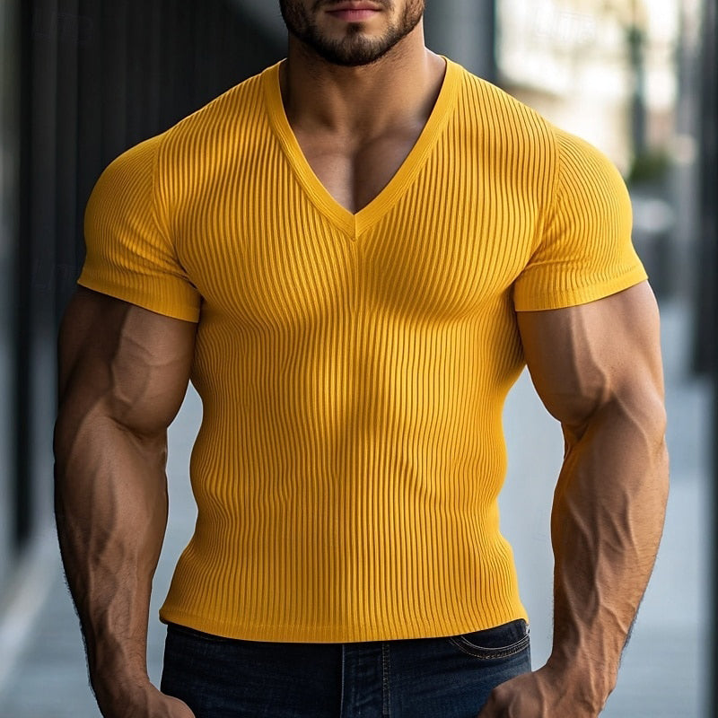 Men's Solid Color V-neck Short-sleeved Knitted Striped T-shirt MTA1956E6X