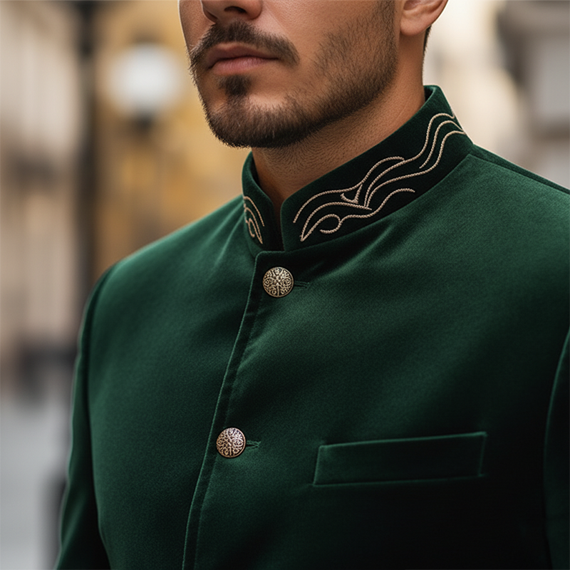 Men's Vintage Embroidered Stand-collar Velvet Jacket With Buttons MTA2341L6P