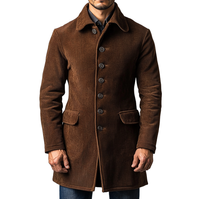 Men's Corduroy Solid Color Lapel Button Mid-Length Coat MTA1588K8X