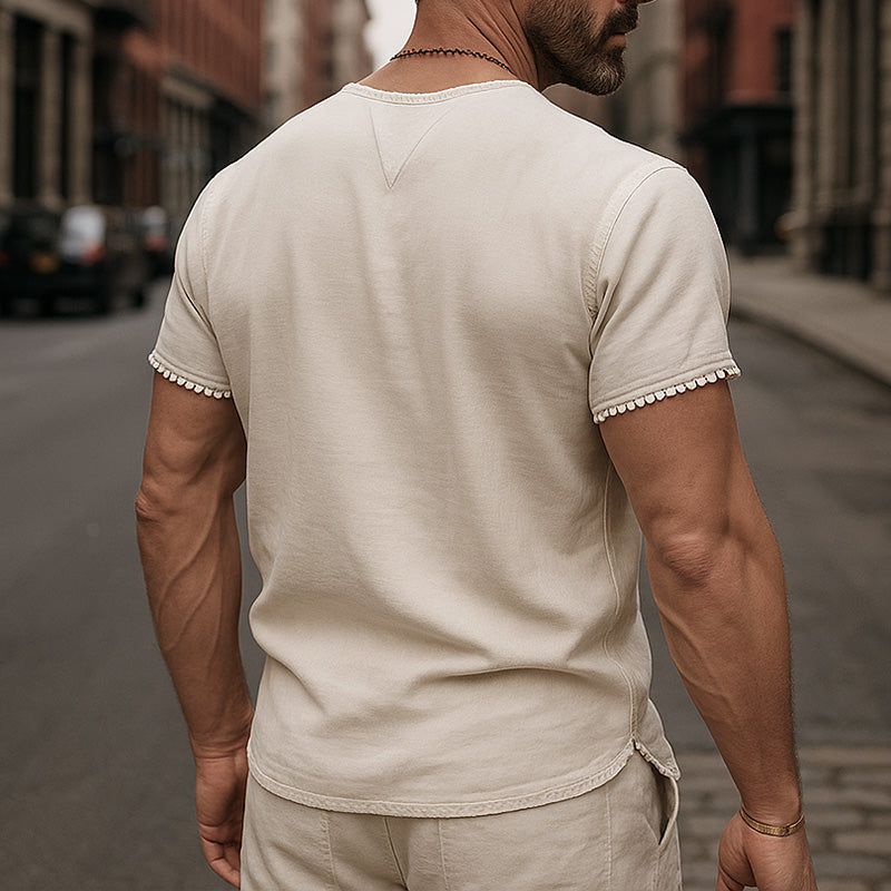 Men's Summer Breathable And Comfortable Linen Lace V-Neck Short-Sleeved T-Shirt MTA2338E1P