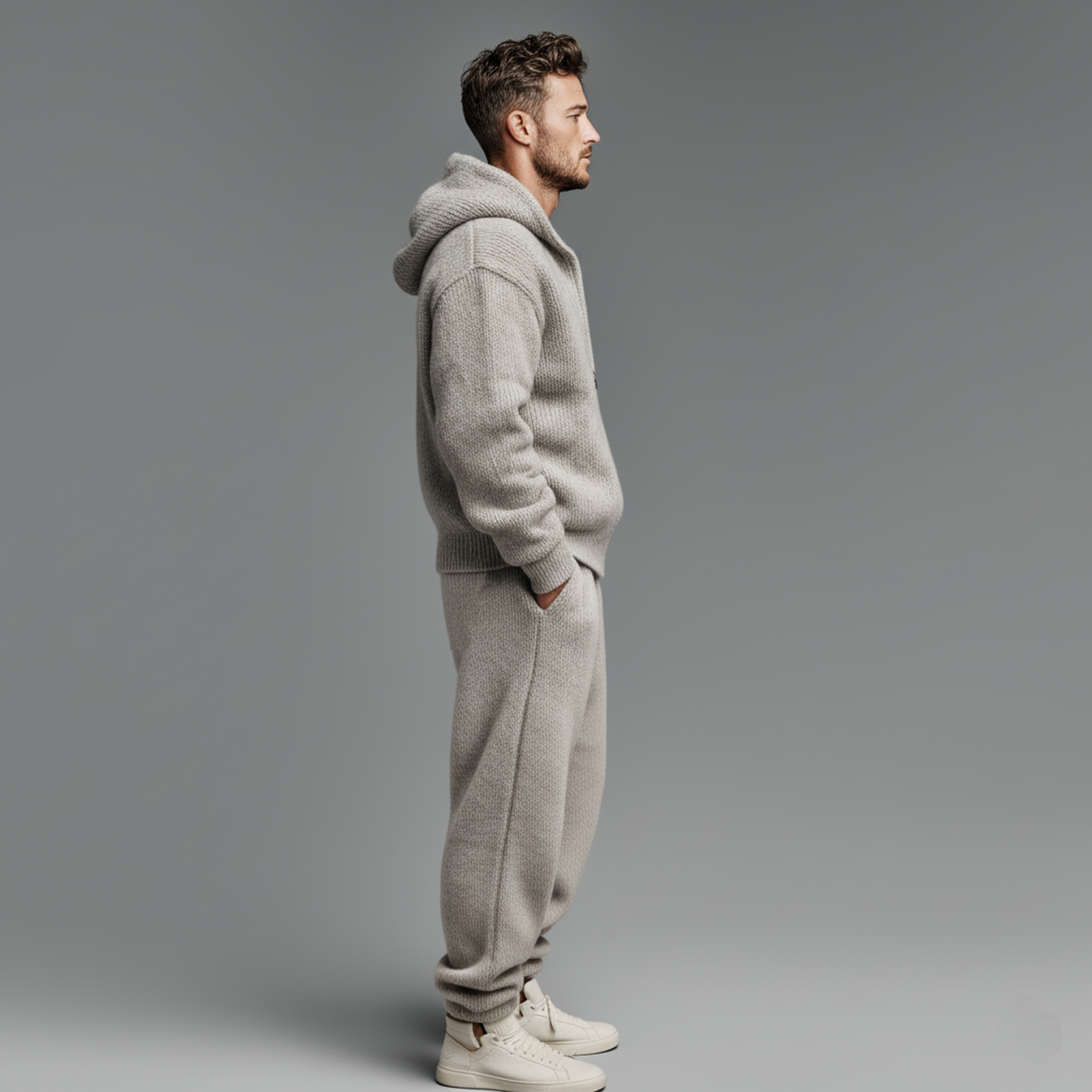 Men's Classic Casual Hooded Zipper Knit Cardigan Elastic Waist Knit Pants Set MTA1491J0K