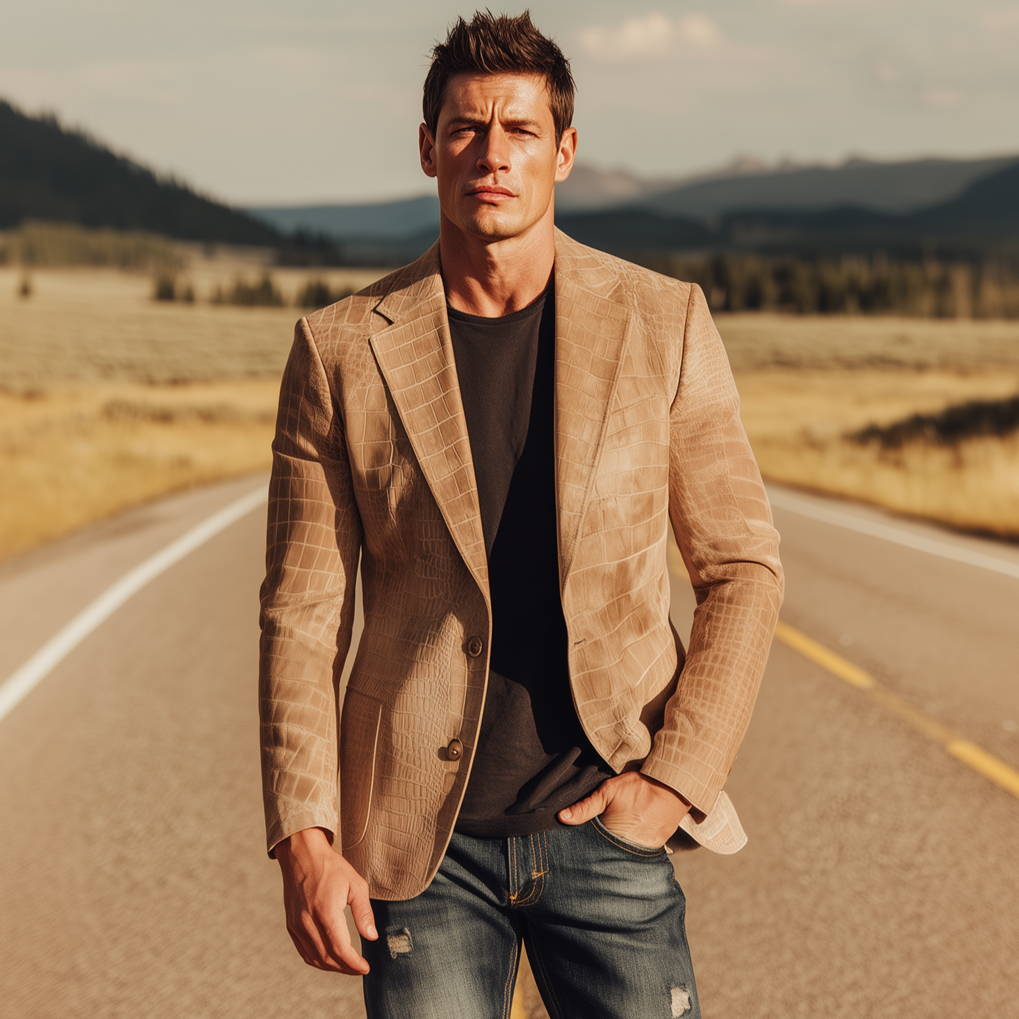 Men's Classic Retro Western Style Textured Matte Leather Single-breasted Slim-fit Blazer MTA0518H6K