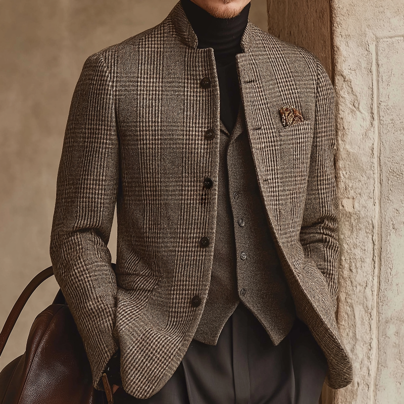 Men's Retro Casual Tweed Plaid Stand Collar Jacket MTA1165K3TO