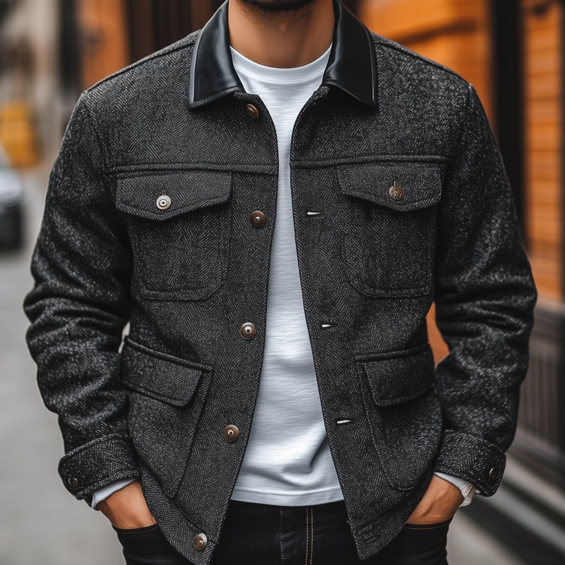 Men's Vintage Herringbone Blend PU Lapel Patchwork Single-breasted Multi-pocket Work Jacket MTA0695H5M