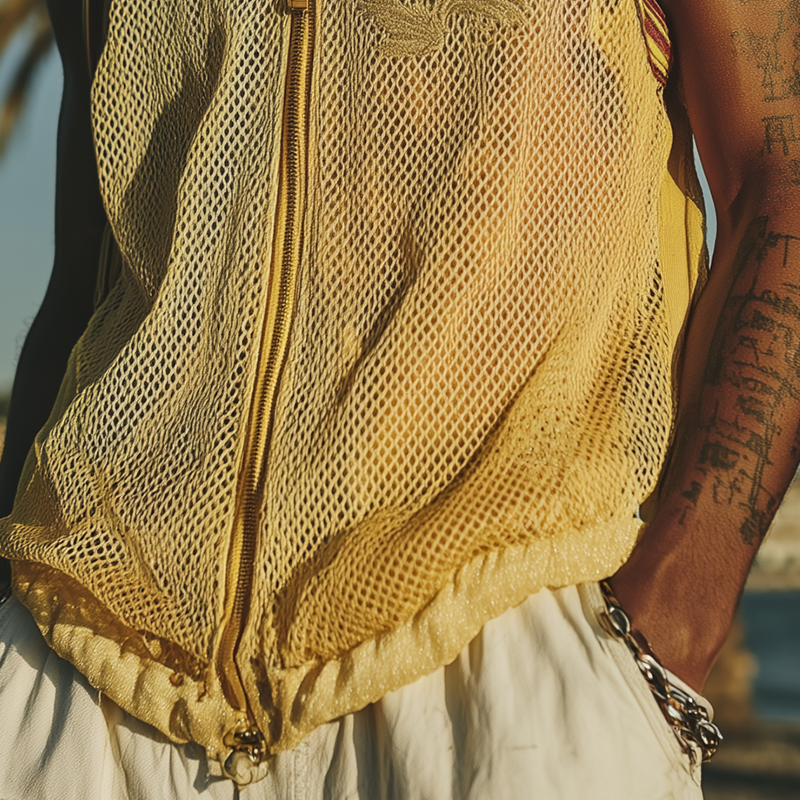 Men's Spring And Summer Fashion Casual Mesh Zipper Lapel Embroidered Sleeveless Shirt MTA1947F8K