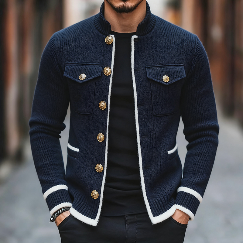 Men's Retro Casual Color Block Knit Multi-Pocket Stand Collar Cardigan Jacket MTA0624K8TO