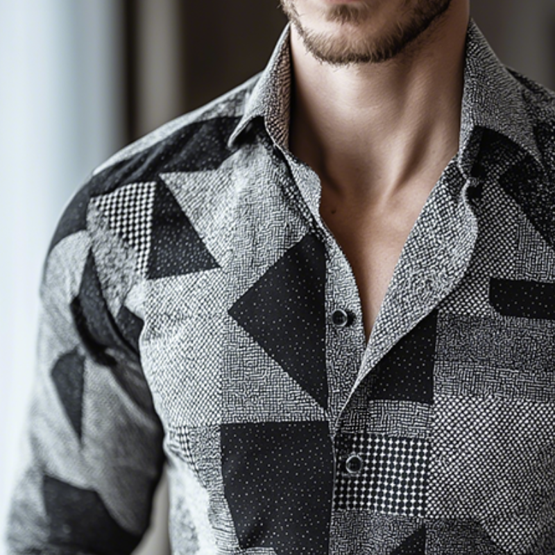 Men's Retro Casual Geometric Cycle Print Lapel Long Sleeve Shirt MTA2847G2TO