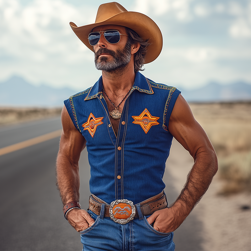 Men's Spring And Summer Fashion Retro Western Cowboy Style Tencel Denim Embroidery Metal Button Slim Sleeveless Shirt MTA1345E9K