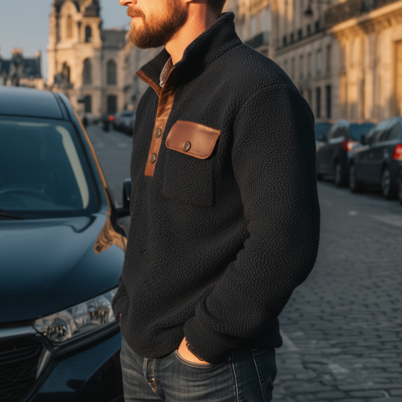 Men's Classic Polar Fleece And PU Leather Stand Collar Sweatshirt MTA1620J2U