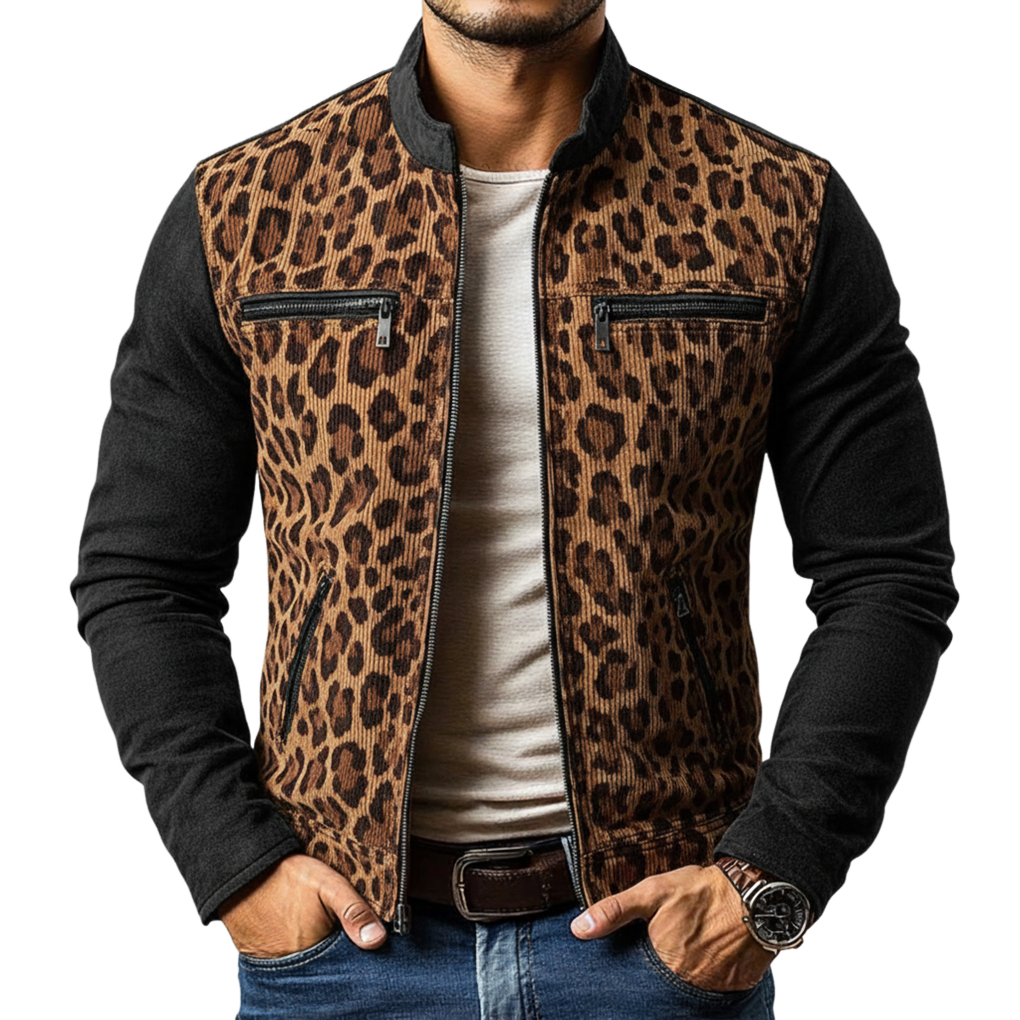 Men's Classic Retro Stand Collar Leopard Print Corduroy Patchwork Faux Suede Zipper Jacket MTA2545J7K