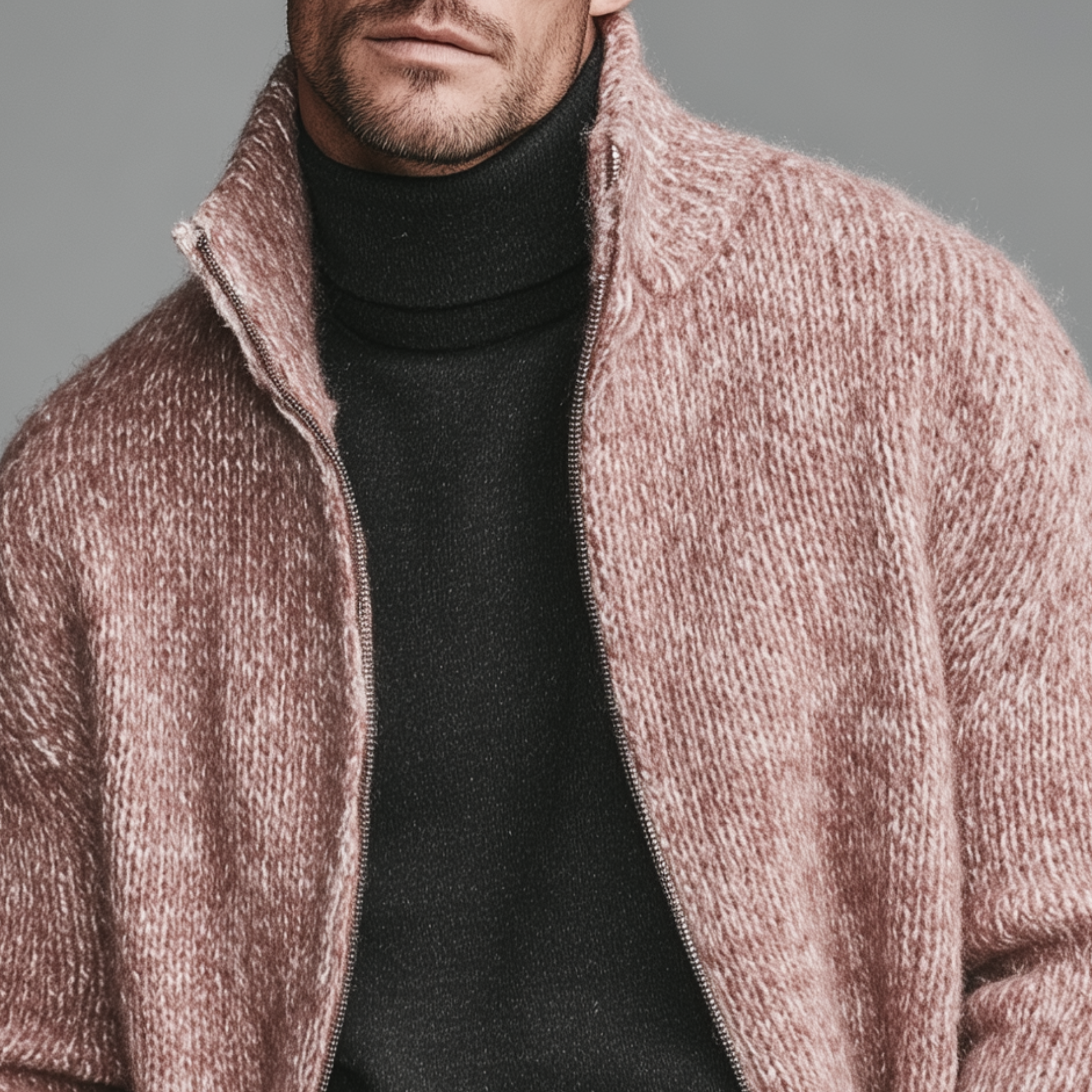 Men's Classic Casual Pink Stand Collar Zipper Knitted Cardigan MTA1808I6K