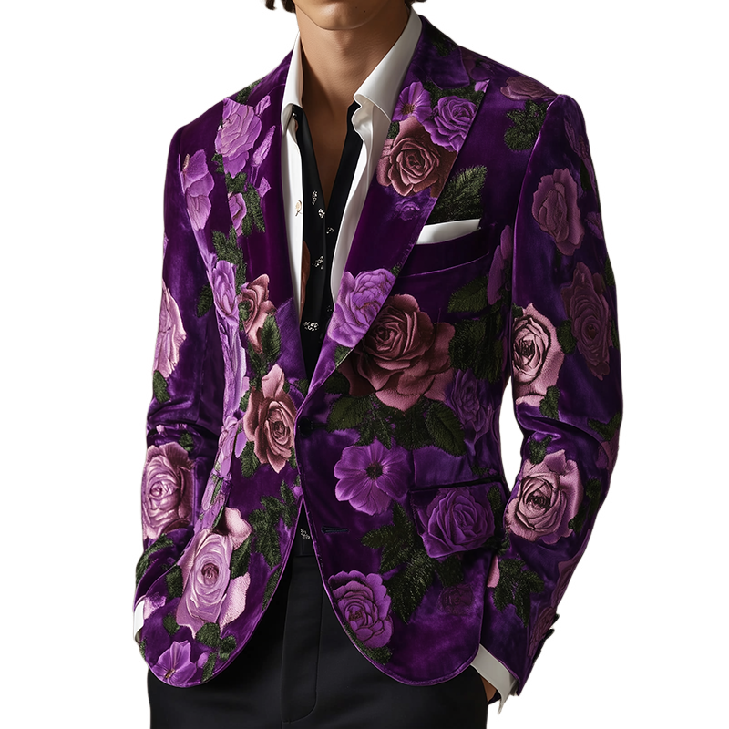 Men's Vintage Velvet Large Flower Print Casual Single Breasted Blazer MTA2137G6TO