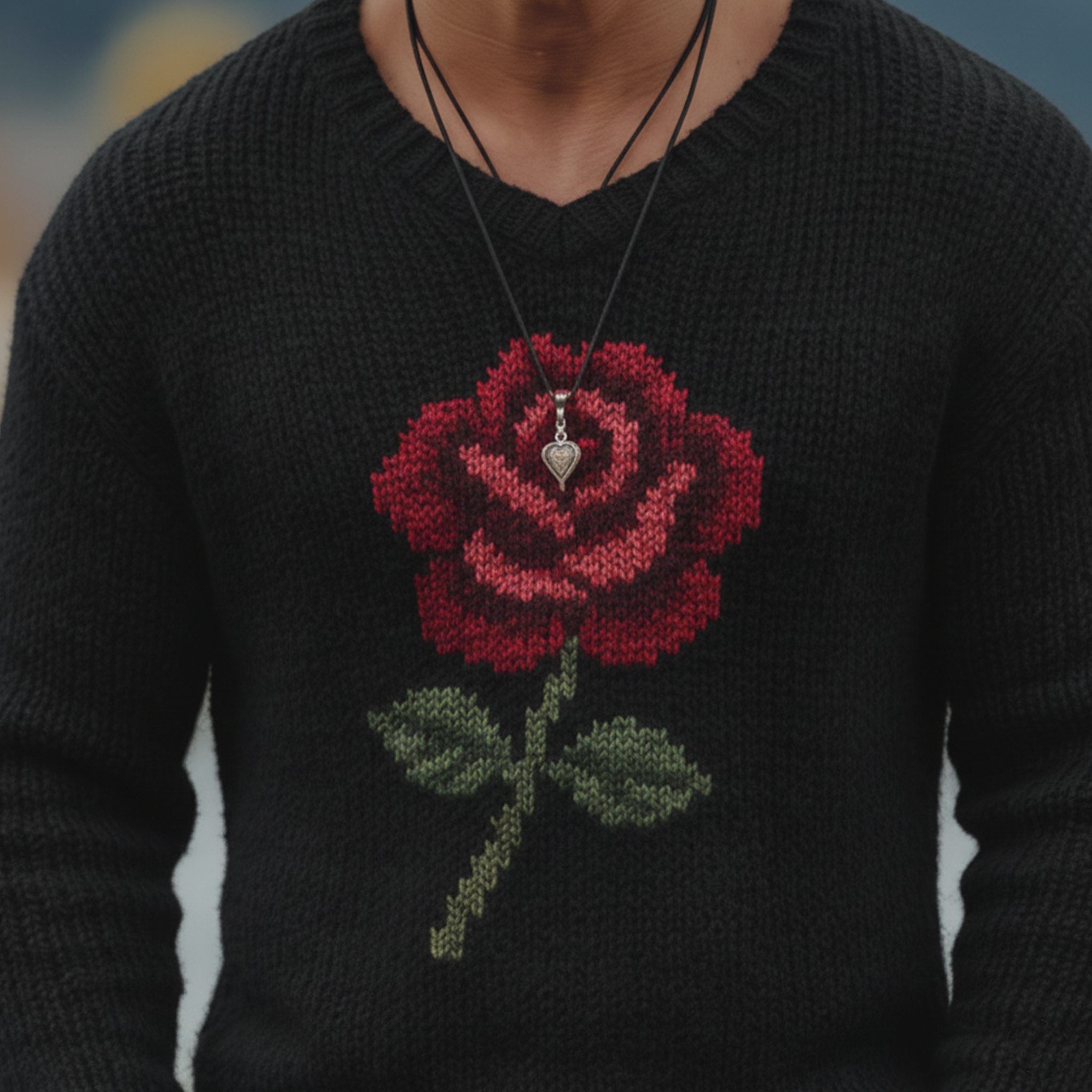 Men's Classic Retro Western Style Rose V-neck Sweater MTA3046K3K