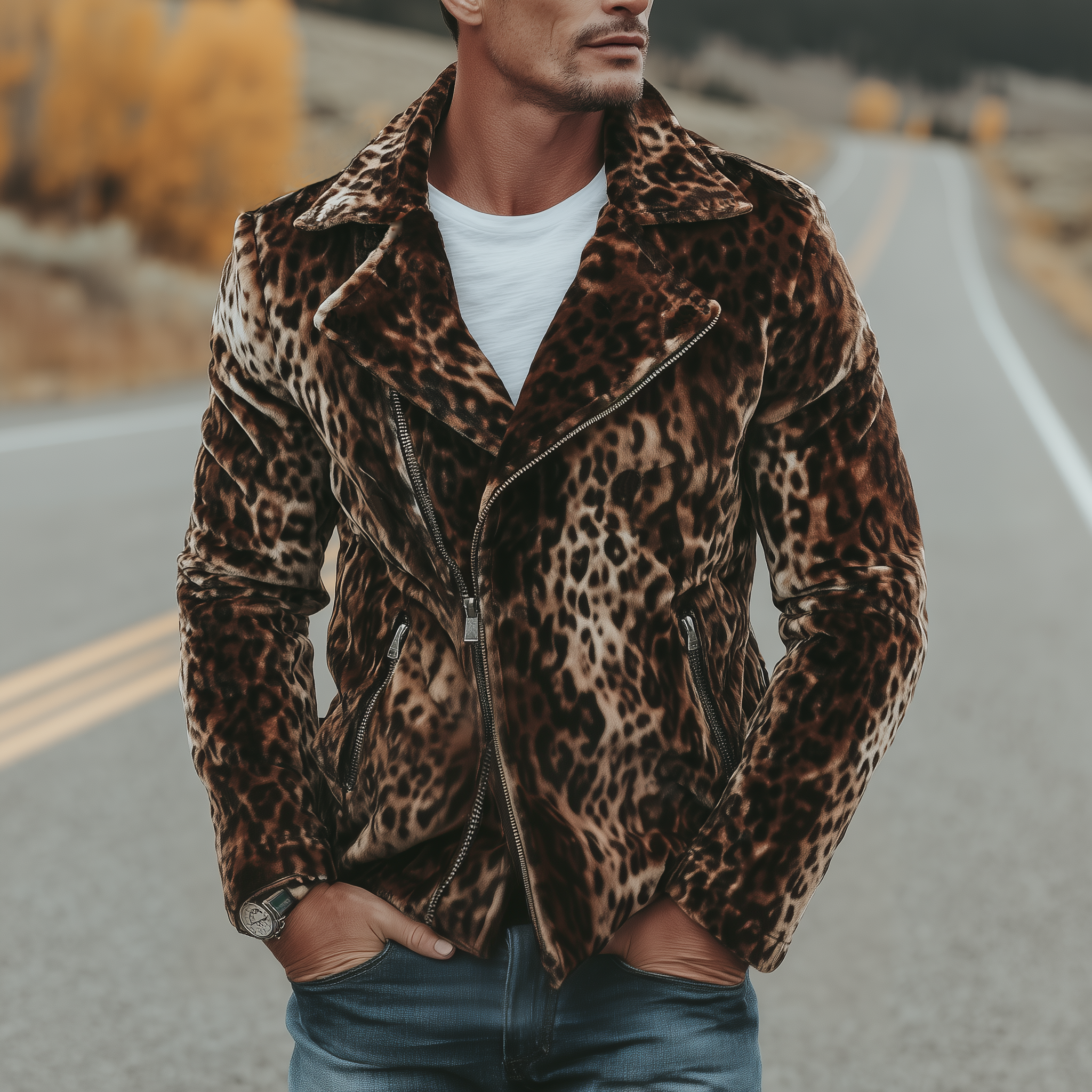Men's Classic Casual Western Leopard Print Velvet Motorcycle Jacket MTA2833H2K