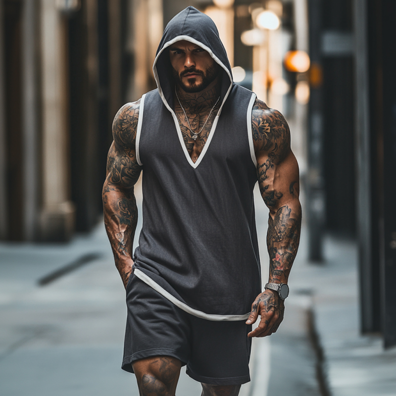 Men's Casual Breathable Cotton Colorblock V-Neck Hooded Tank Top Elastic Waist Shorts Sports Set MTA2693E4M