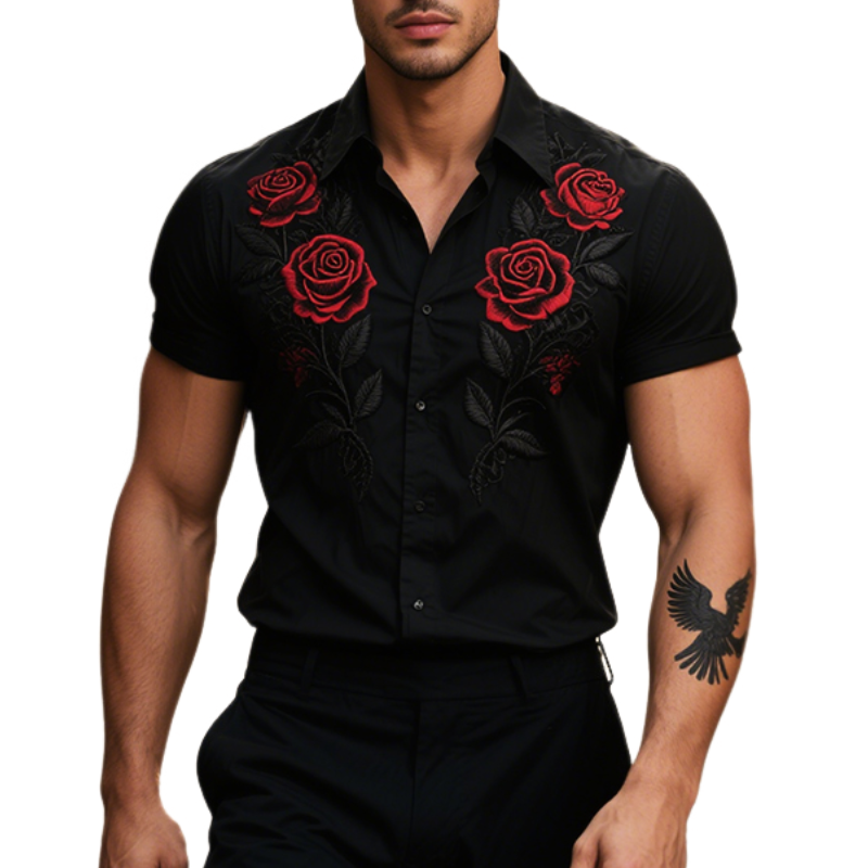 Men's Retro Casual Rose Knight Embroidered Lapel Short Sleeve Shirt MTA2967E7TO