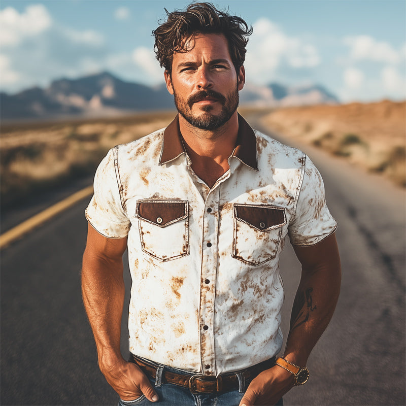 Men's Western Cowboy Style Colorblock Print Short Sleeve Shirt MTA1370E7U